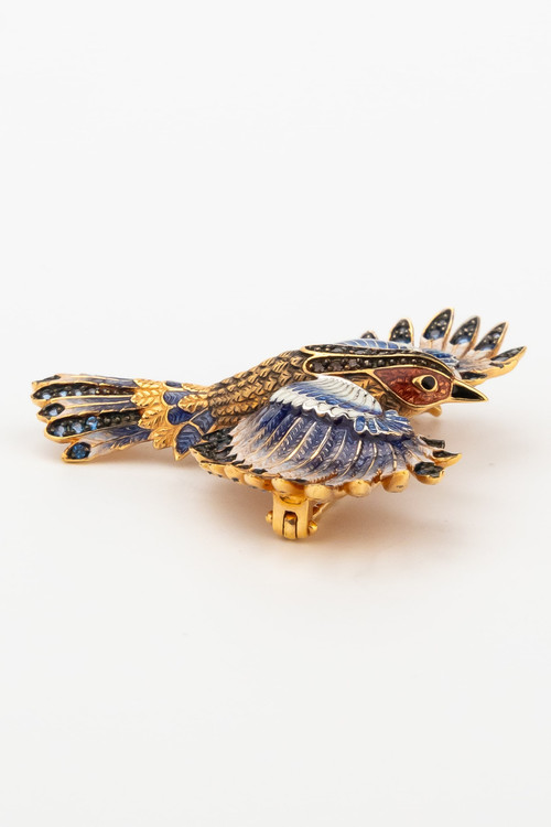 Брошь из красного золота 585 пробы c эмалью и фианитом