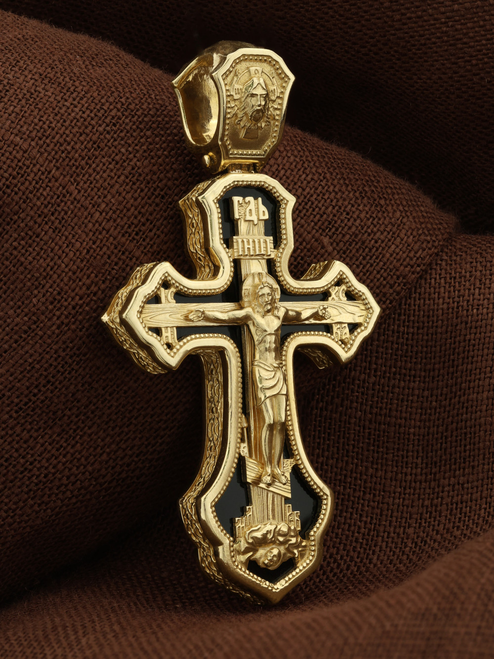 Крест из лимонного золота 585 пробы c ониксом