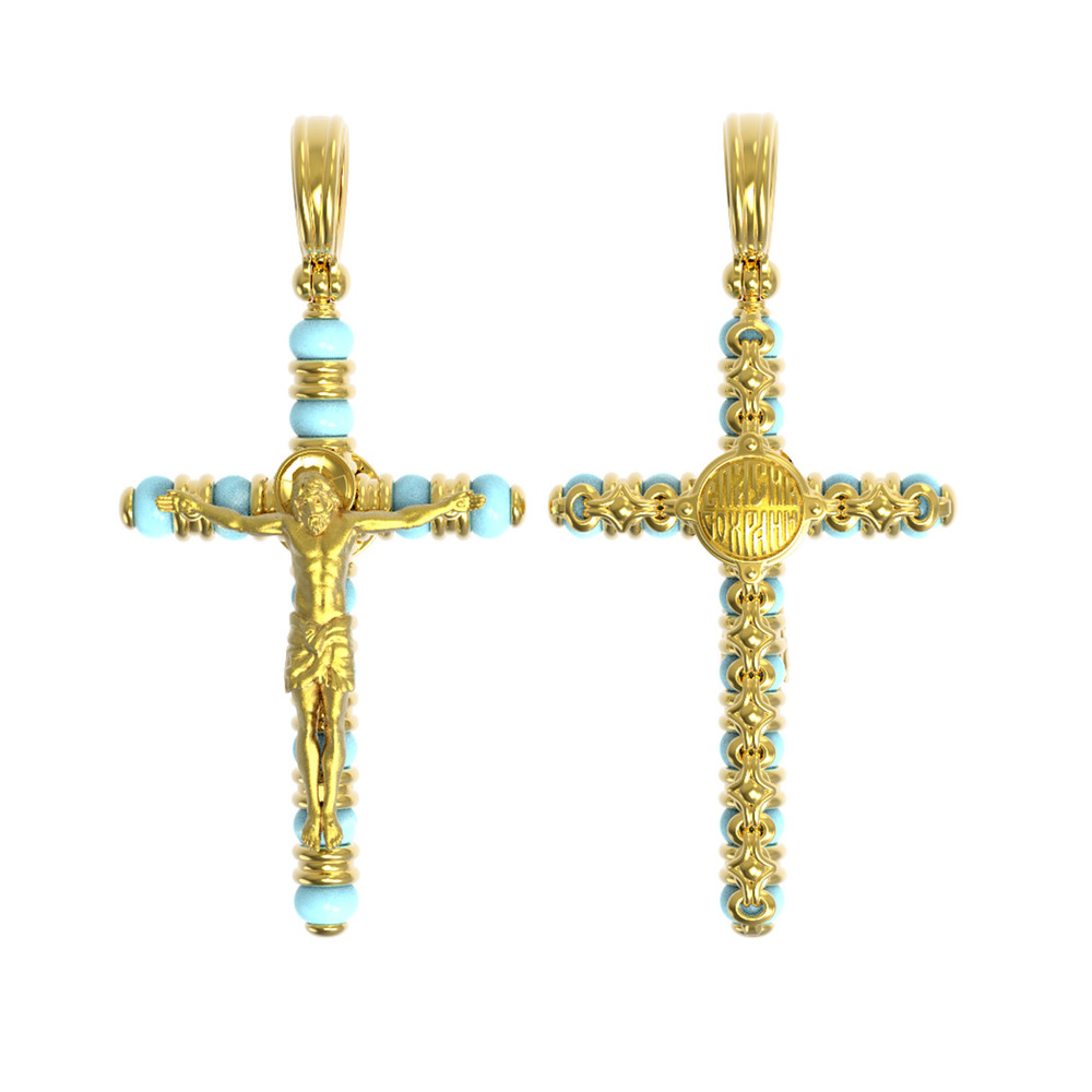 Крест из лимонного золота 585 пробы c бирюзой