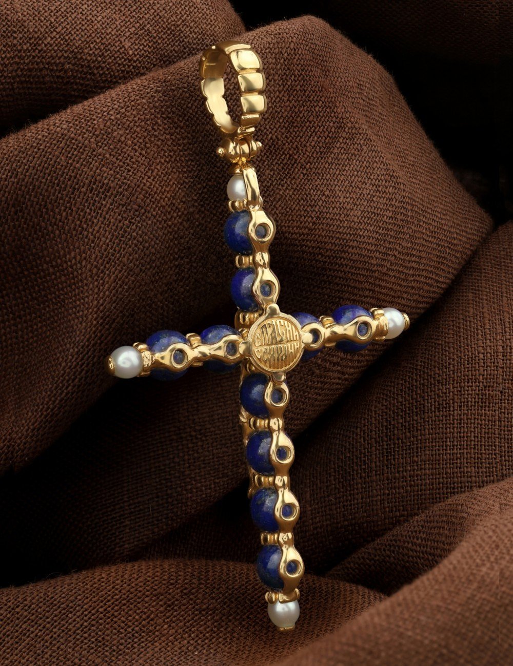 Крест из лимонного золота c жемчугом и лазуритом