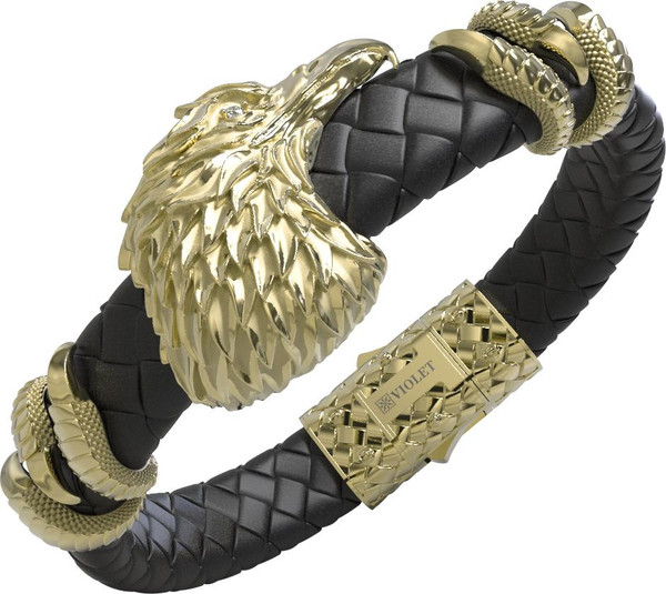 Браслет из лимонного золота 585 пробы c бриллиантами и кожаным шнурком