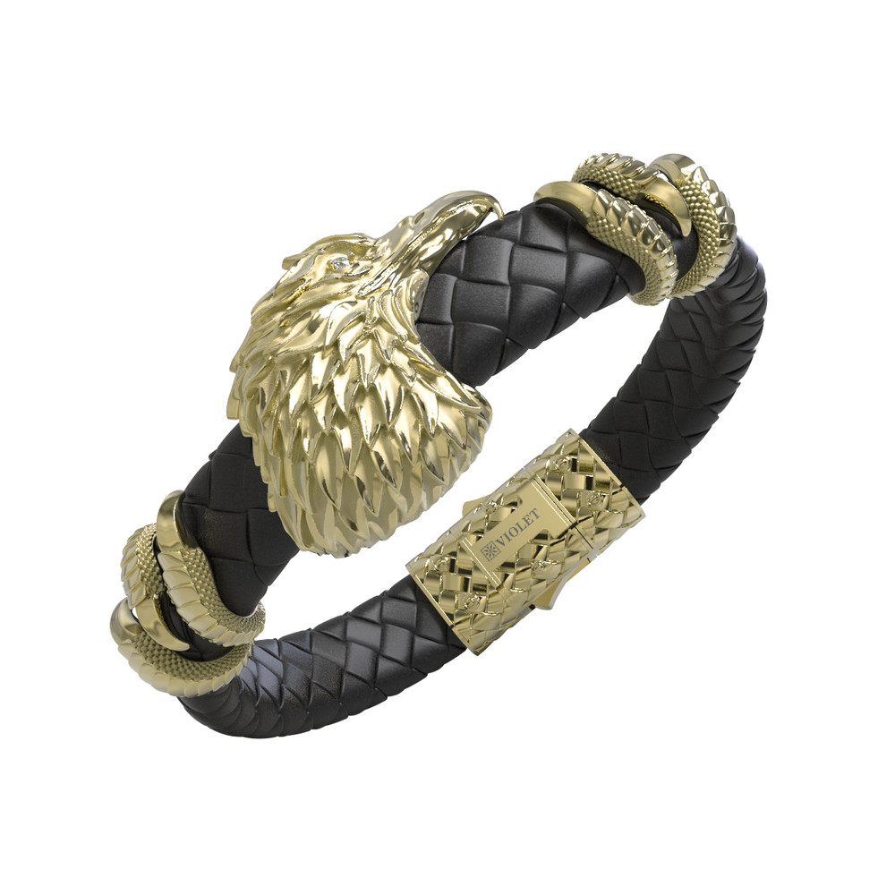 Браслет из лимонного золота 585 пробы c бриллиантами и кожаным шнурком