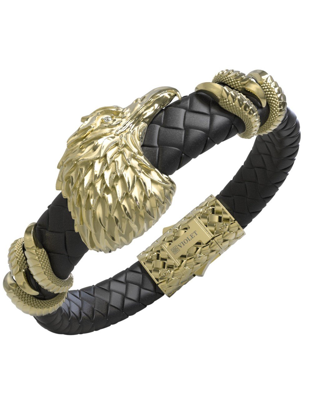 Браслет из лимонного золота c бриллиантами и кожаным шнурком