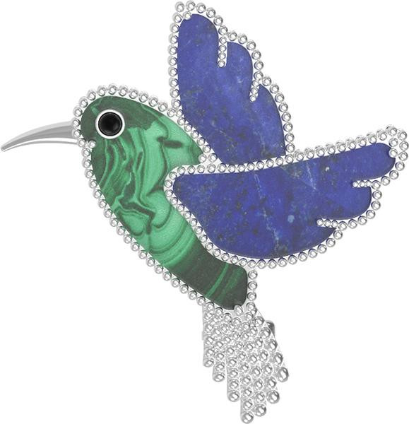 Брошь-подвеска из белого золота 585 пробы c эмалью, лазуритом и малахитом