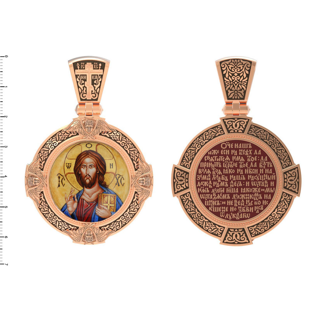 Нательная икона из красного золота 585 пробы c эмалью, иконописью и темперой