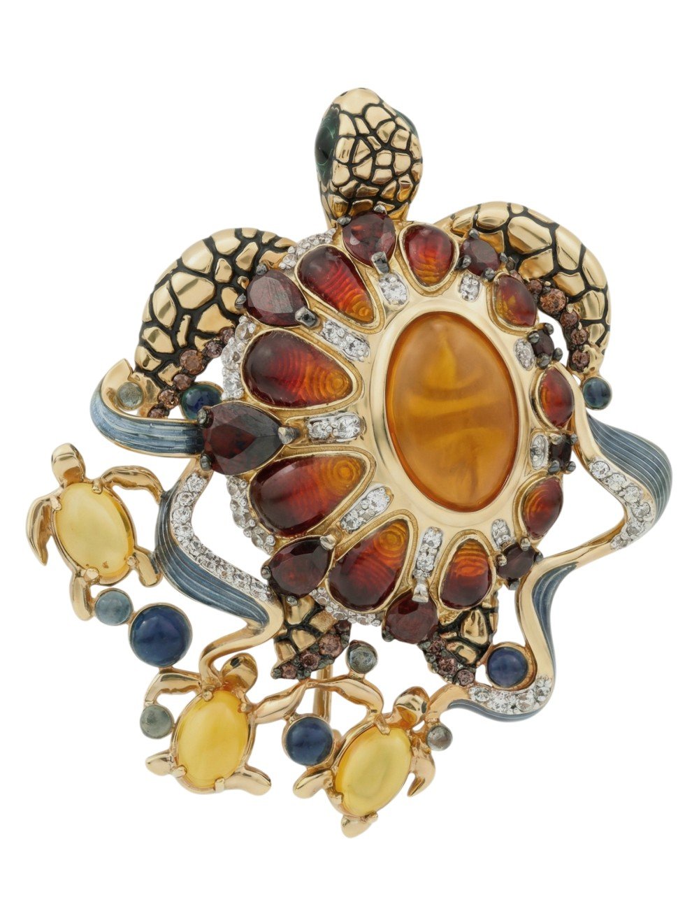 Брошь из лимонного золота c эмалью, фианитом, гранатом и янтарём