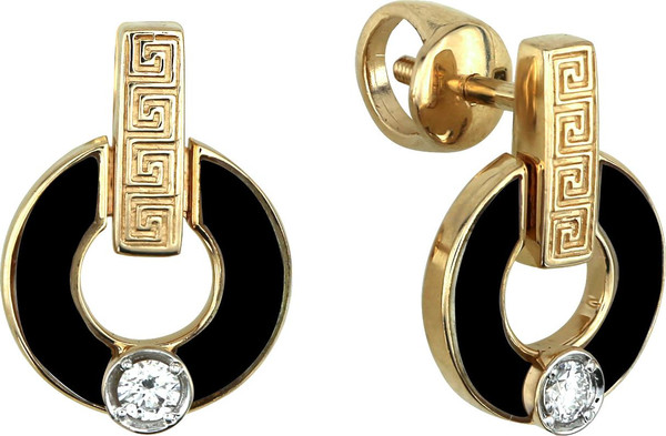 Серьги из лимонного золота 585 пробы c бриллиантами и ониксом