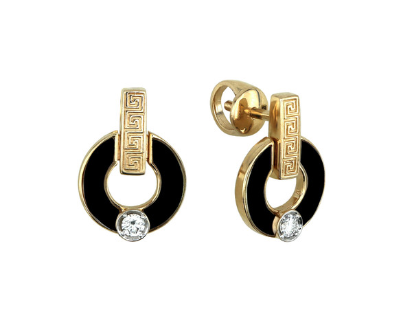 Серьги из лимонного золота 585 пробы c бриллиантами и ониксом