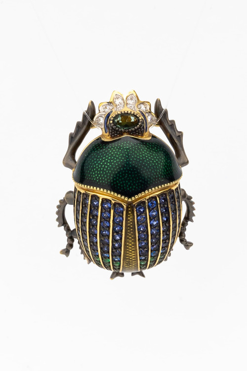 Брошь-подвеска из лимонного золота 585 пробы c эмалью, фианитом и турмалином