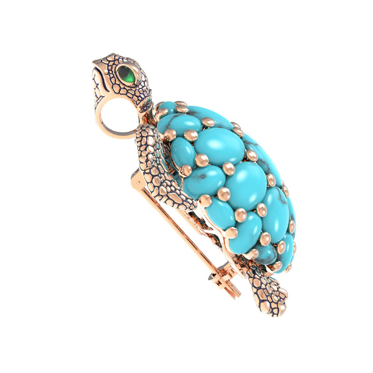 Брошь-подвеска из красного золота 585 пробы c эмалью и бирюзой