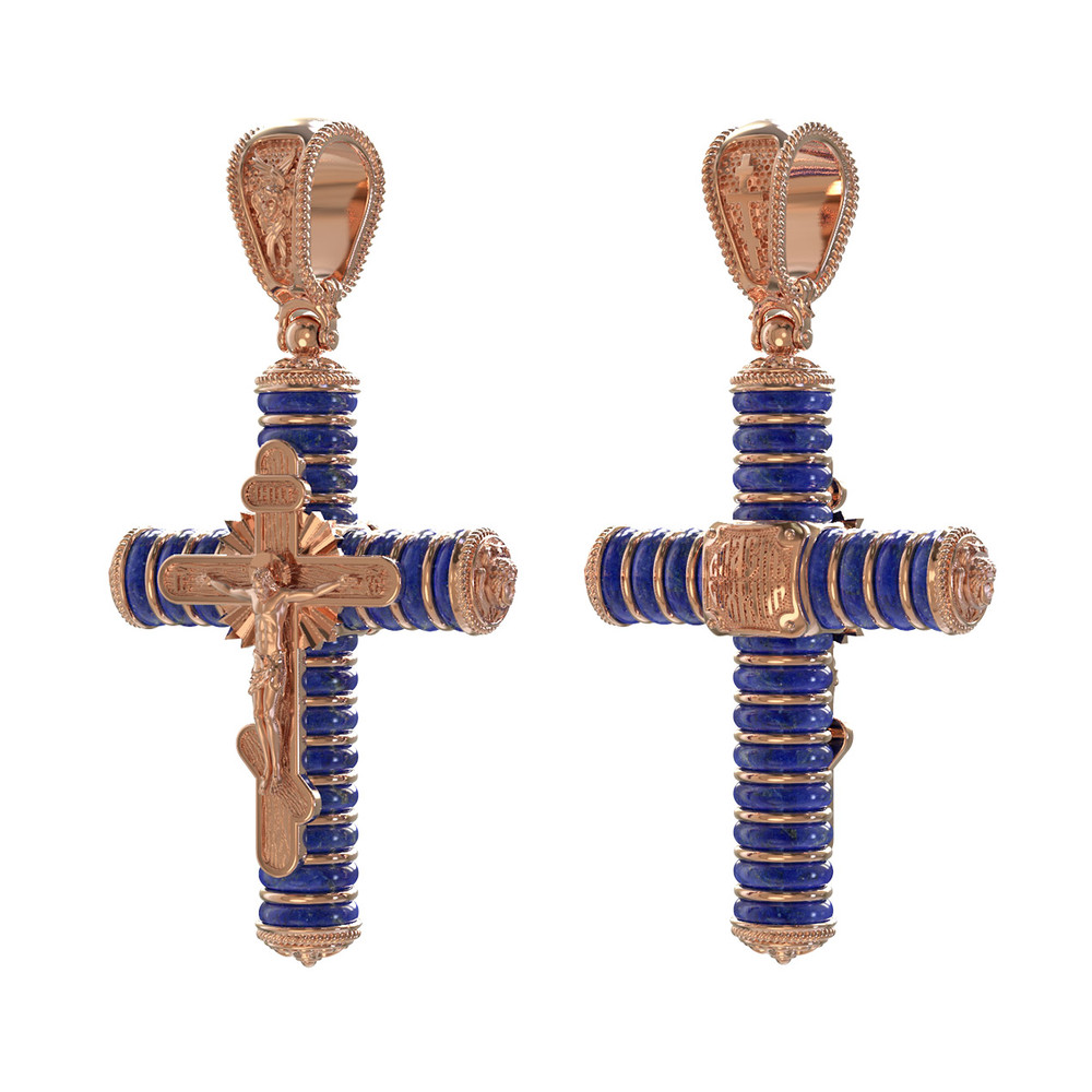 Крест из красного золота 585 пробы c лазуритом