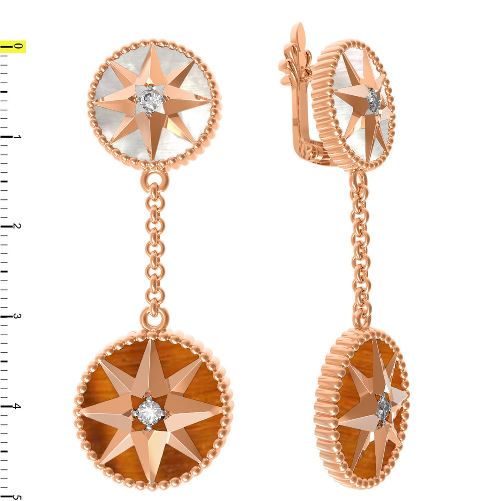 Серьги из красного золота 585 пробы c фианитом, тигровым глазом и перламутром