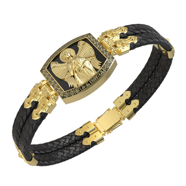 Браслет из лимонного золота 585 пробы c эмалью, шнурком и ониксом