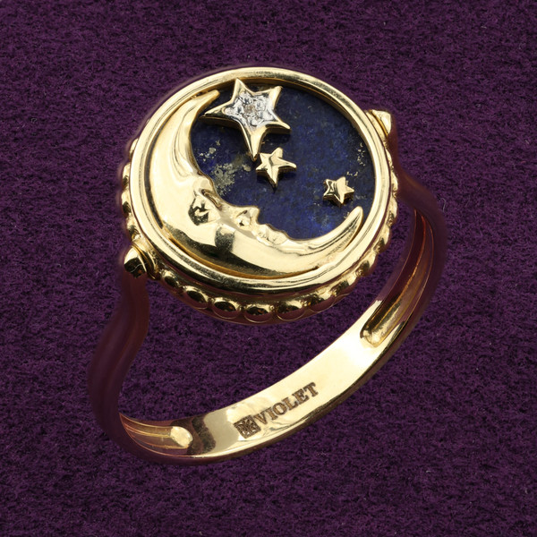 Кольцо из лимонного золота 585 пробы c бриллиантами, лазуритом и перламутром