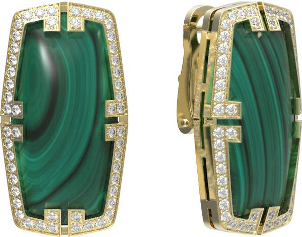 Серьги из лимонного золота 585 пробы c бриллиантами, рубином и малахитом