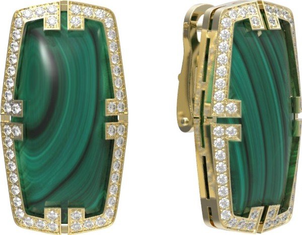 Серьги из лимонного золота c бриллиантами, рубином и малахитом