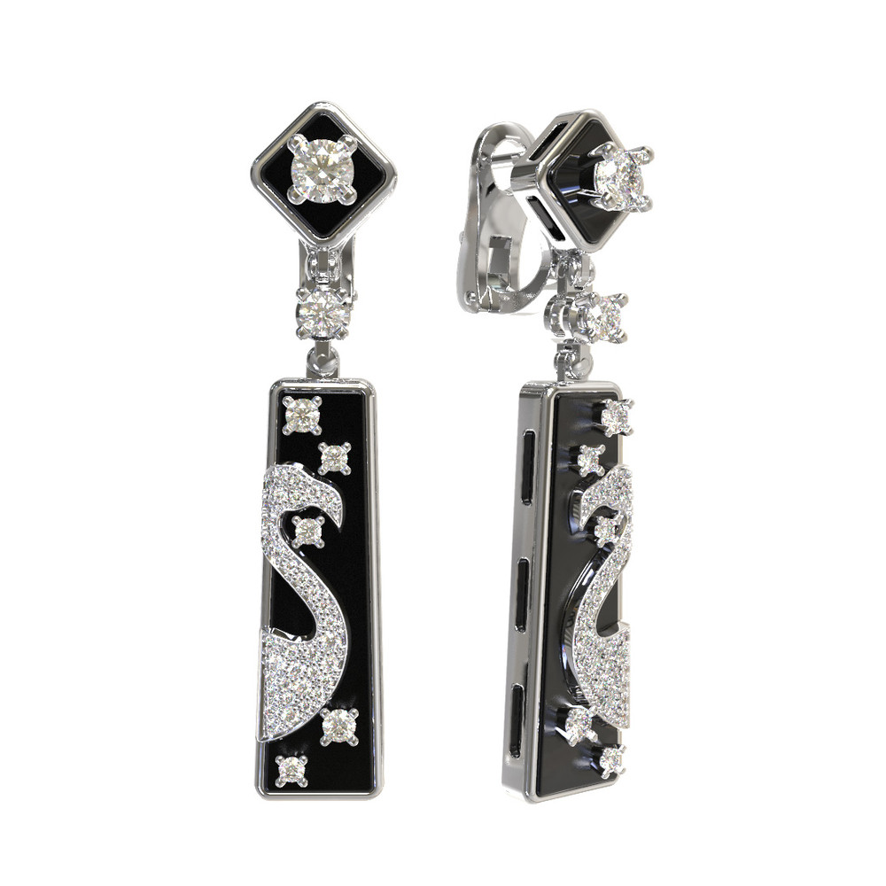 Серьги из белого золота 585 пробы c бриллиантами и ониксом