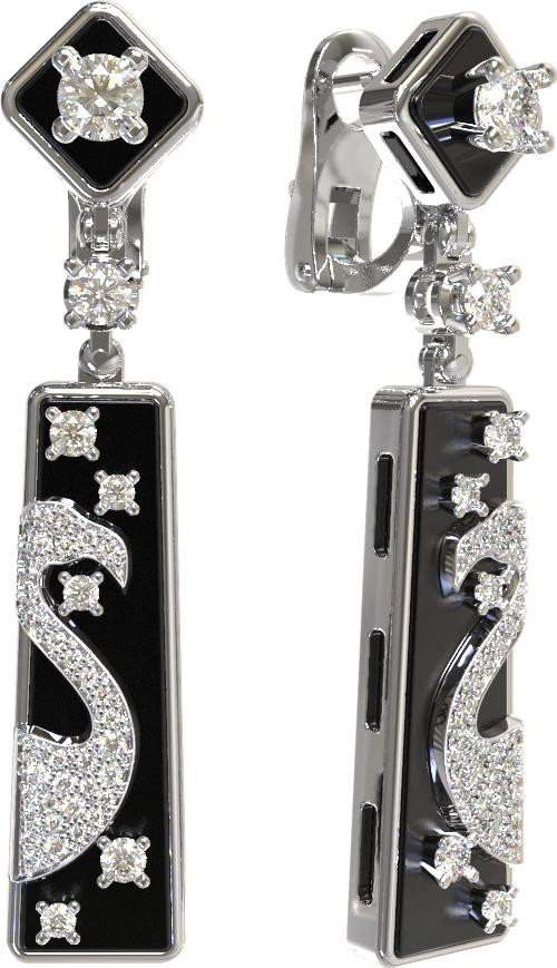 Серьги из белого золота 585 пробы c бриллиантами и ониксом