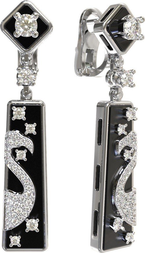 Серьги из белого золота c бриллиантами и ониксом