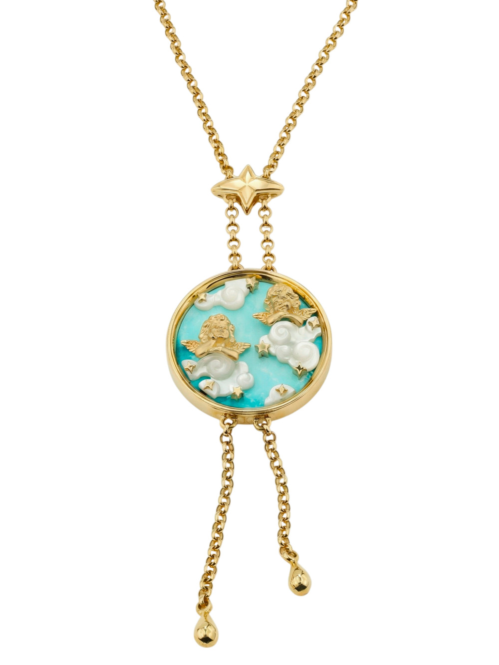 Колье из лимонного золота 585 пробы c бирюзой и перламутром