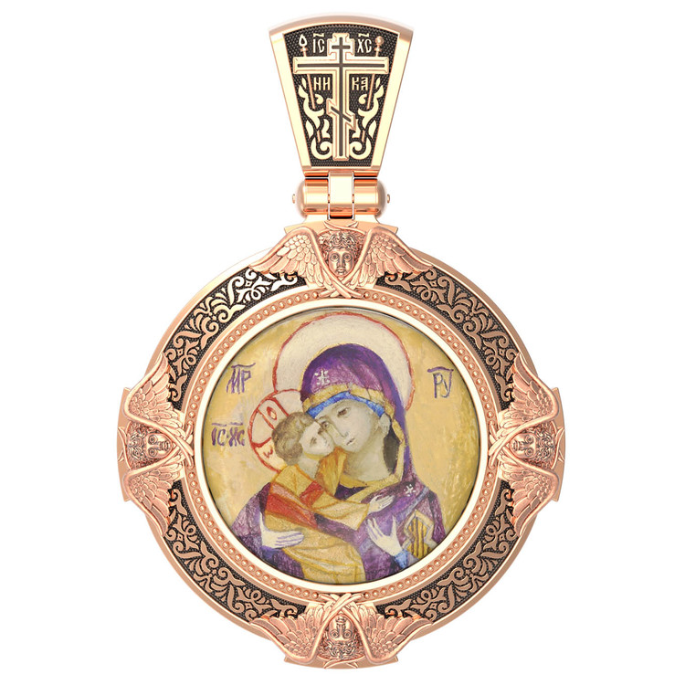 Нательная икона из красного золота 585 пробы c эмалью, иконописью и темперой