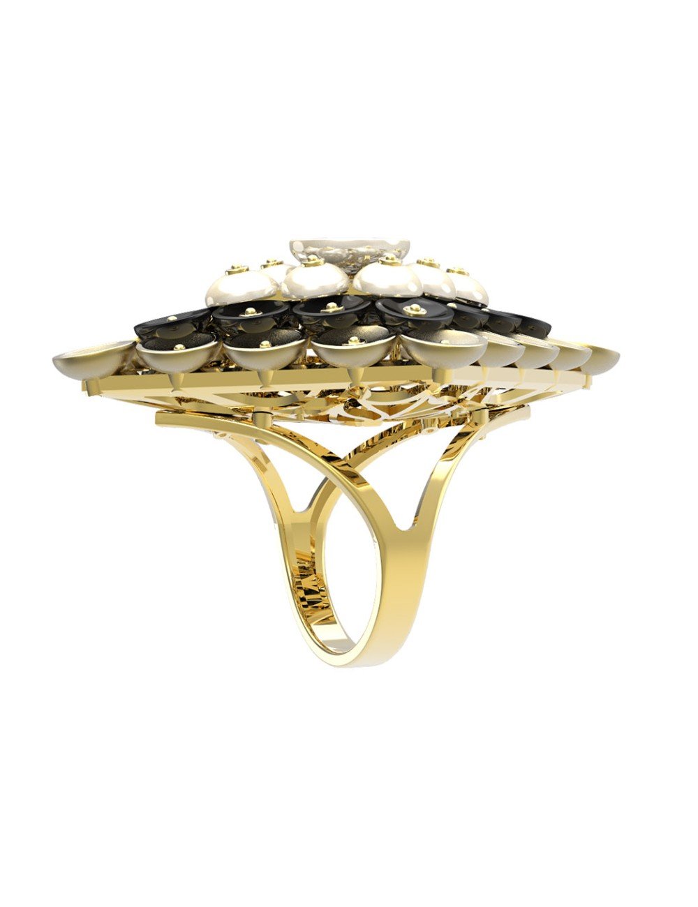 Кольцо из лимонного золота c ониксом и перламутром