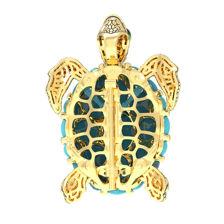 Брошь-подвеска из лимонного золота 585 пробы c эмалью и бирюзой