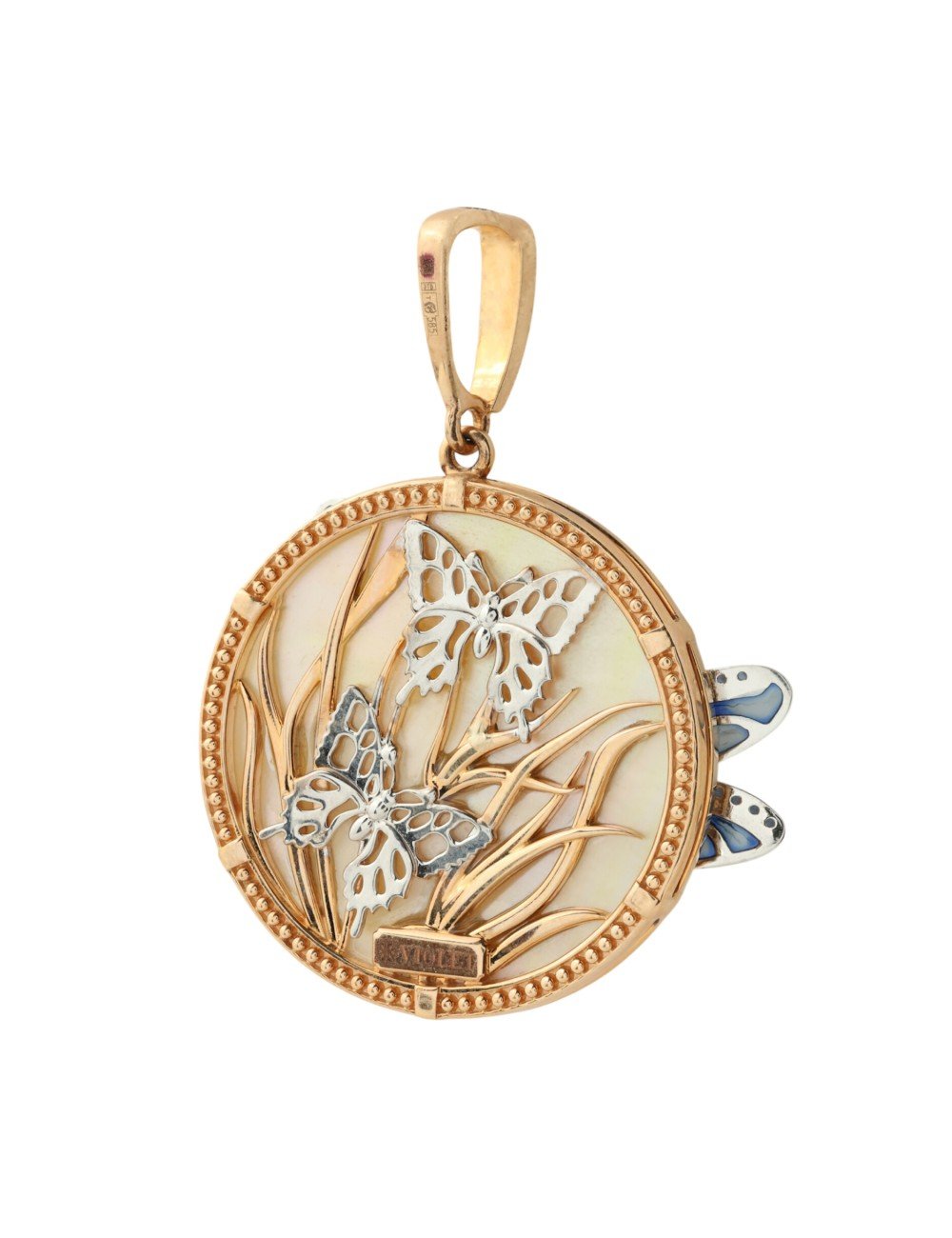 Подвеска из золота c сапфиром, эмалью и перламутром