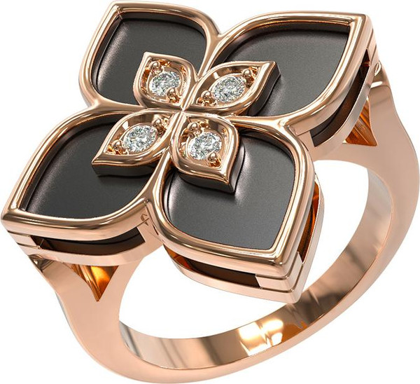 Кольцо из красного золота 585 пробы c бриллиантами и ониксом