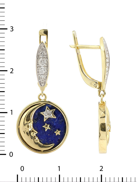 Серьги из лимонного золота 585 пробы c бриллиантами, лазуритом и перламутром