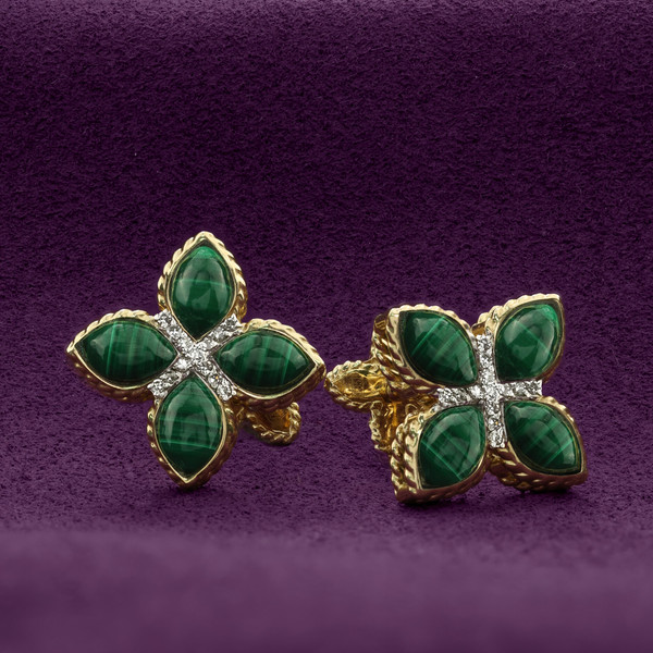 Серьги из лимонного золота 585 пробы c бриллиантами и малахитом