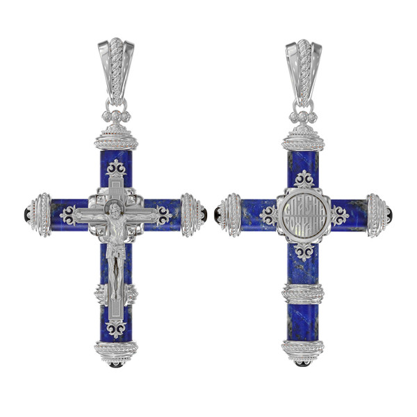 Крест из белого золота 585 пробы c ониксом и лазуритом