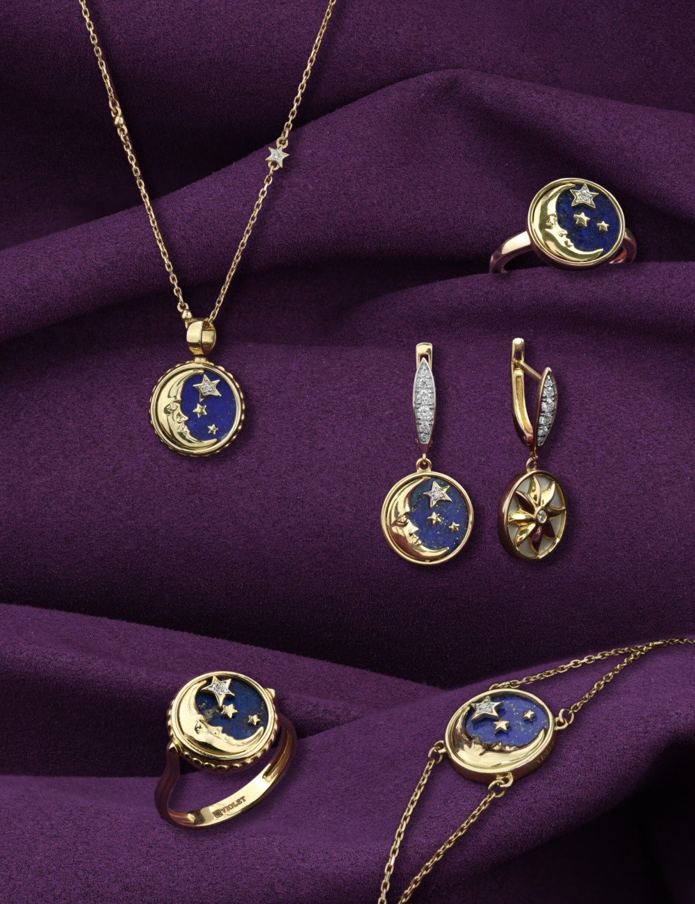 Кольцо из лимонного золота c бриллиантами, лазуритом и перламутром