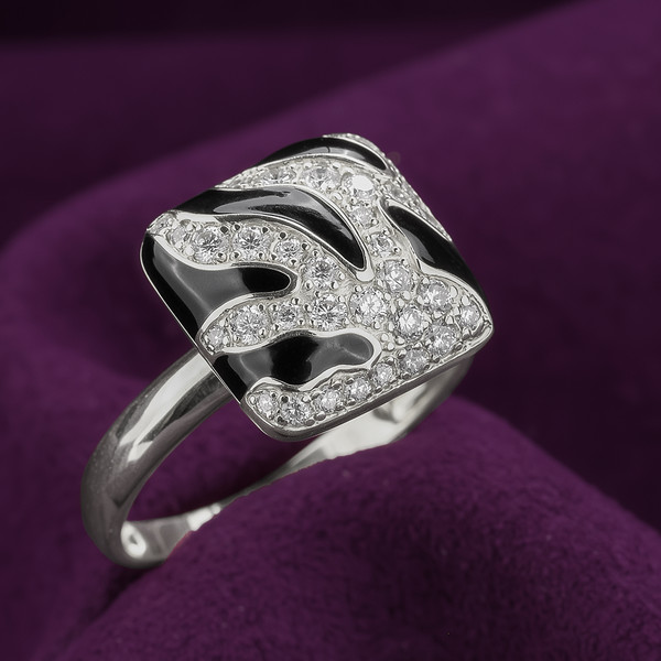 Кольцо из белого золота 585 пробы c эмалью и бриллиантами