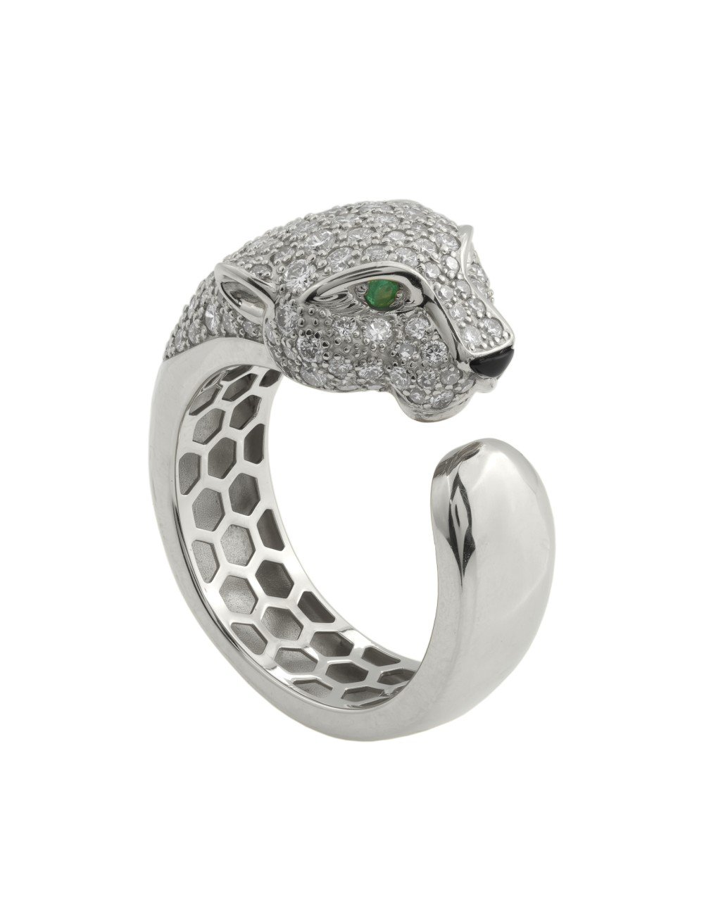 Кольцо из белого золота c бриллиантами, изумрудом и ониксом