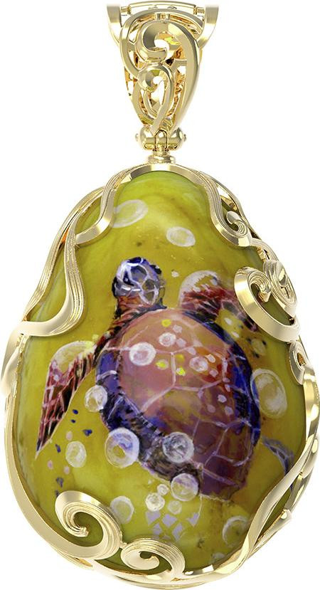 Подвеска из лимонного золота 585 пробы c росписным янтарём