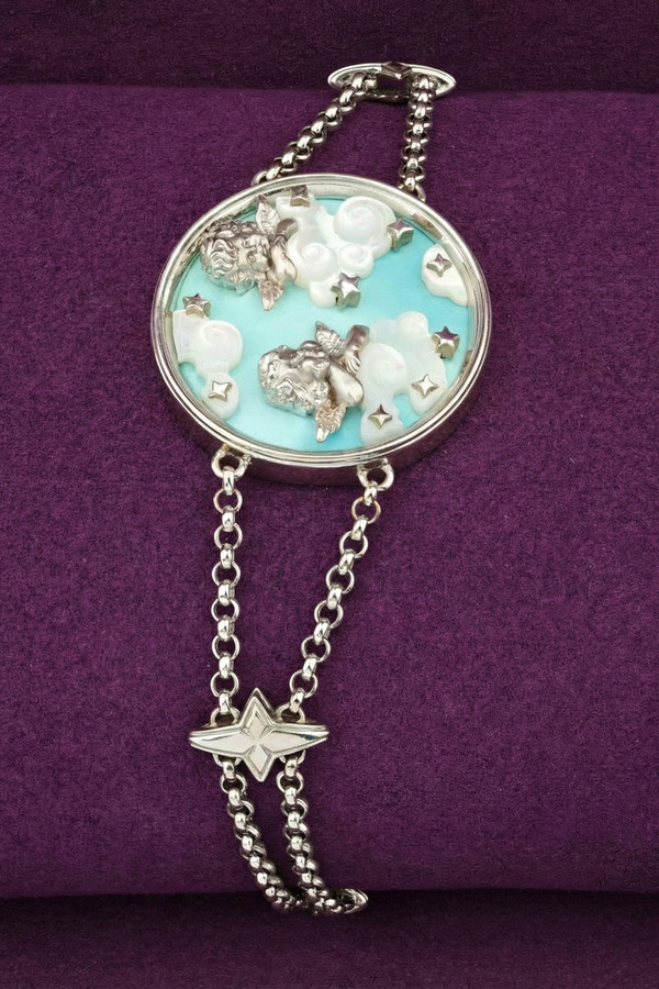 Браслет из белого золота 585 пробы c бирюзой и перламутром