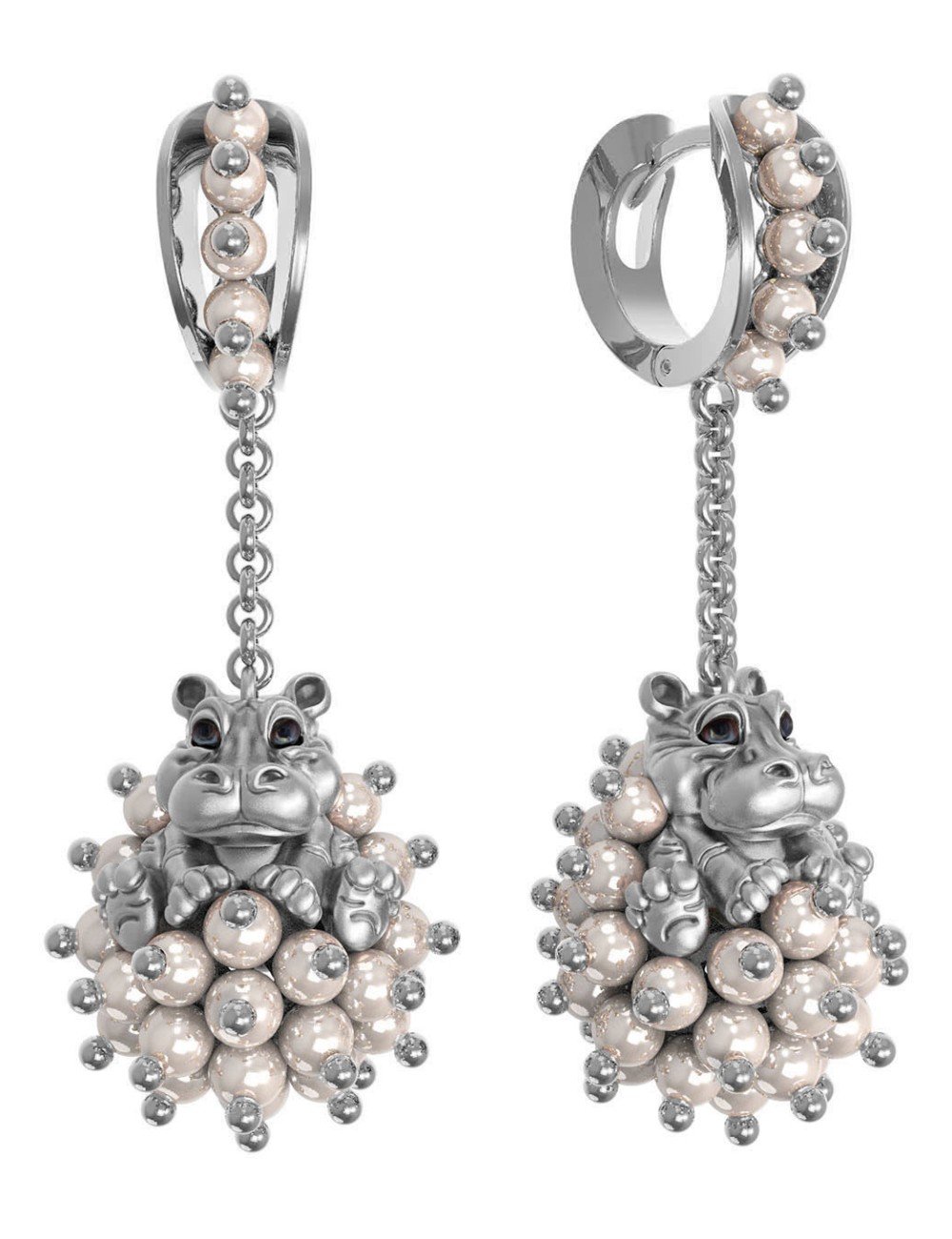 Серьги из белого золота c эмалью и жемчугом