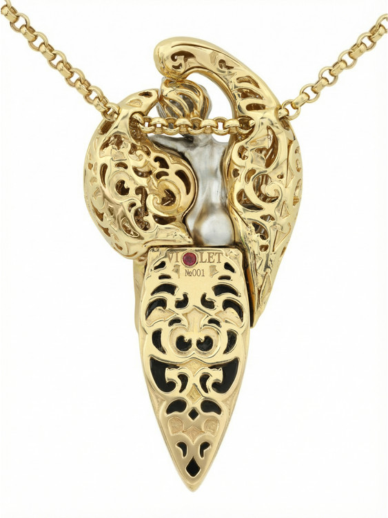 Колье из лимонного золота 585 пробы c эмалью, бриллиантами, рубином, ониксом и рубином