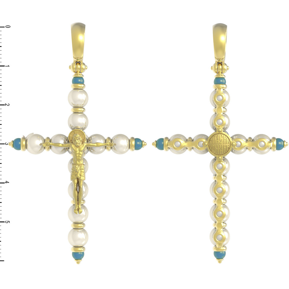Крест из лимонного золота 585 пробы c жемчугом и бирюзой