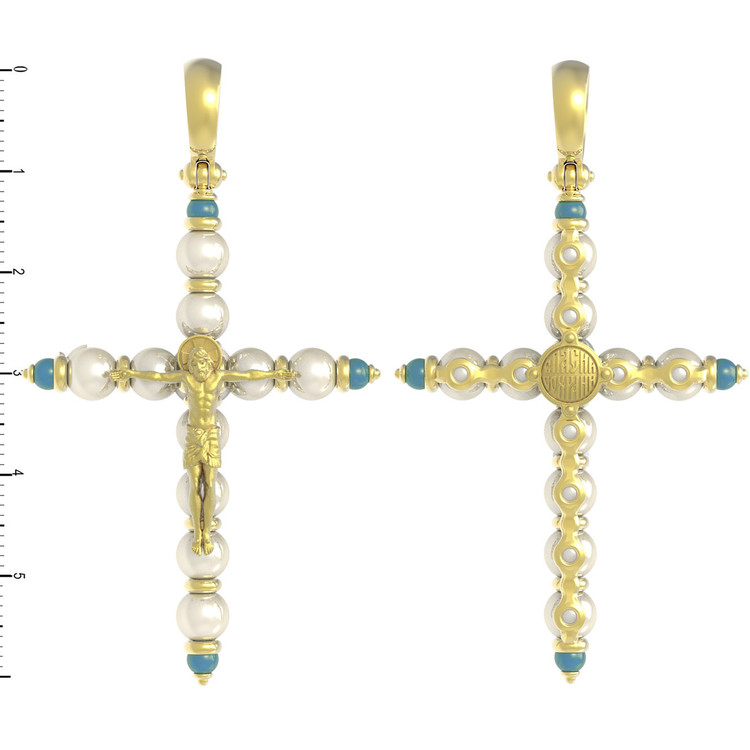 Крест из лимонного золота 585 пробы c жемчугом и бирюзой