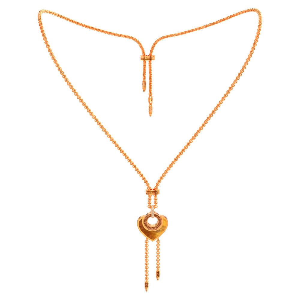 Колье из красного золота 585 пробы c фианитом, тигровым глазом и перламутром