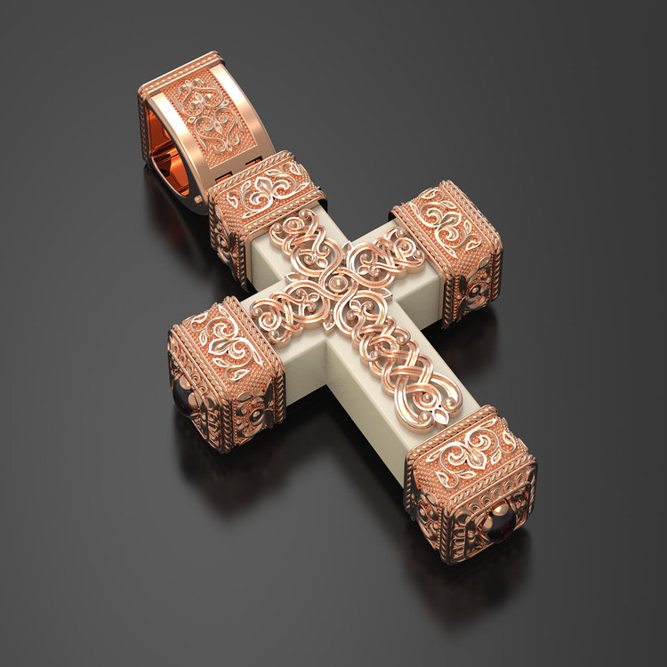 Крест из красного золота 585 пробы c эмалью, рубином и бивнем мамонта