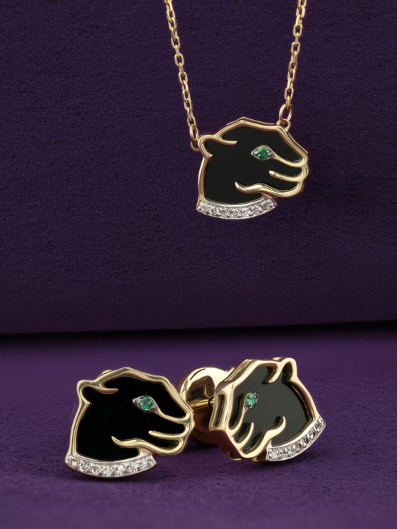 Серьги из лимонного золота 585 пробы c бриллиантами, изумрудом и ониксом