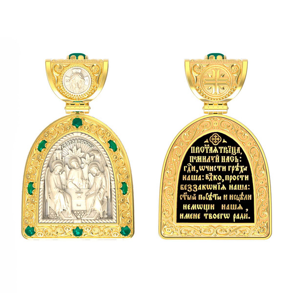 Нательная икона из лимонного золота 585 пробы c эмалью, хризопразом и бивнем мамонта