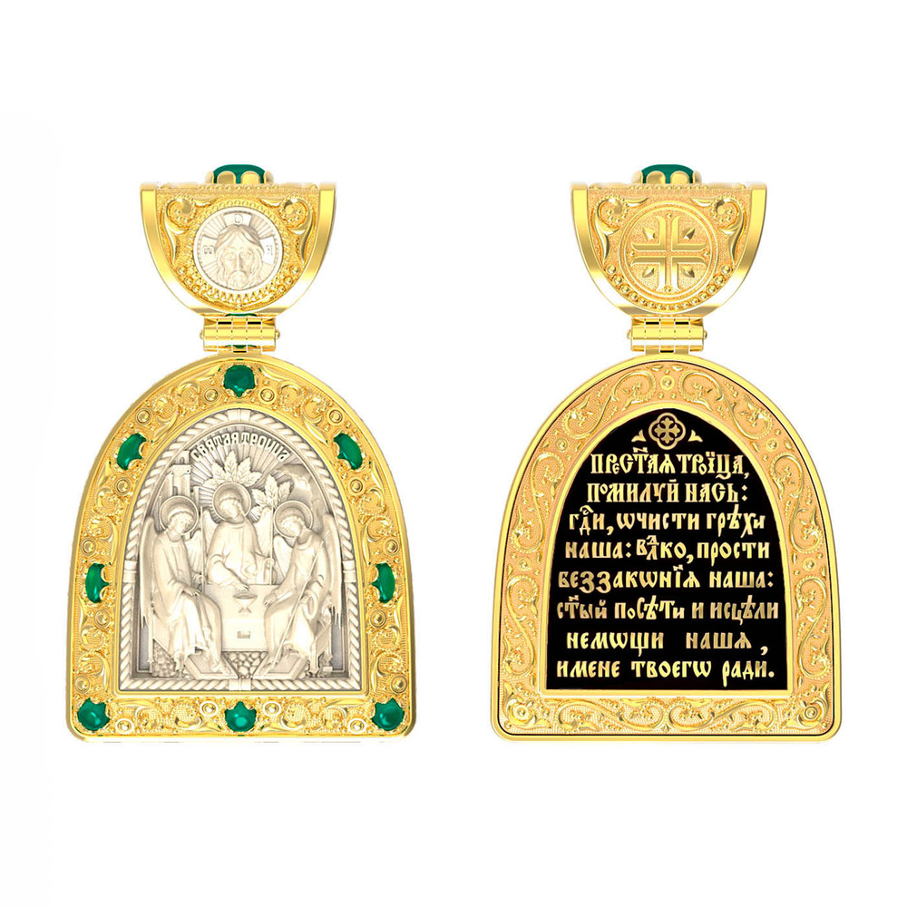 Нательная икона из лимонного золота 585 пробы c эмалью, хризопразом и бивнем мамонта