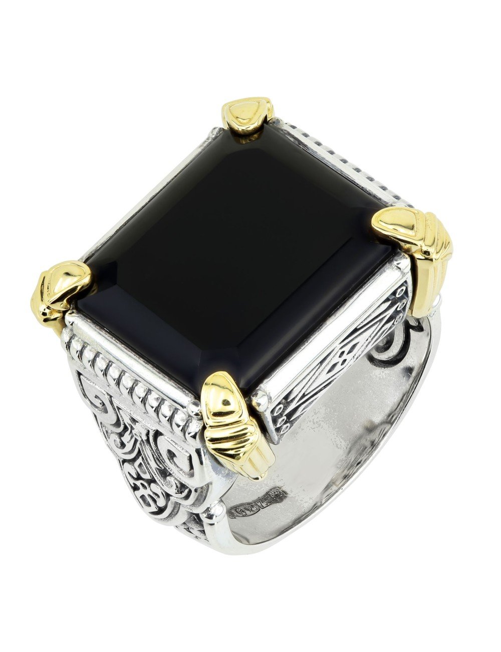 Кольцо из серебра и золота c ониксом и рубином