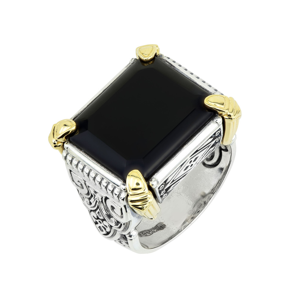 Кольцо из серебра 925 пробы и золота 750 пробы c ониксом и рубином