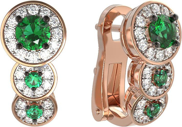 Серьги из красного золота 585 пробы c бриллиантами и изумрудом