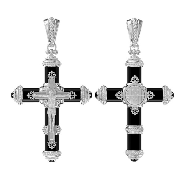 Крест из белого золота 585 пробы c ониксом